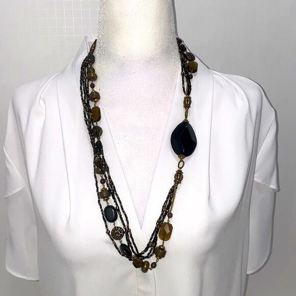 Coldwater Creek 5 Strand Asymmetrical Beaded Necklace In Black And Gold Tone - Picture 1 of 10